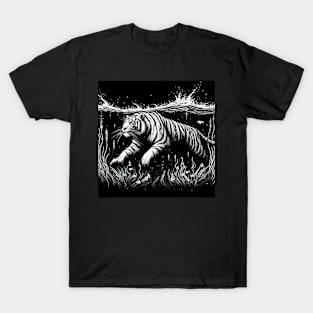 Monochromatic Outline Swimming Tiger in Water T-Shirt